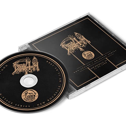 Black CD case with “Death” logo and concert details, disc partially visible.