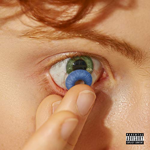 Close-up of an eye with stacked colorful objects inside, parental advisory label.