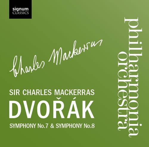 CD cover for Dvorak symphonies, green background, white text, signature.