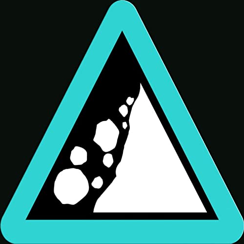 Blue triangle with a white and black image of a rocky mountainside.