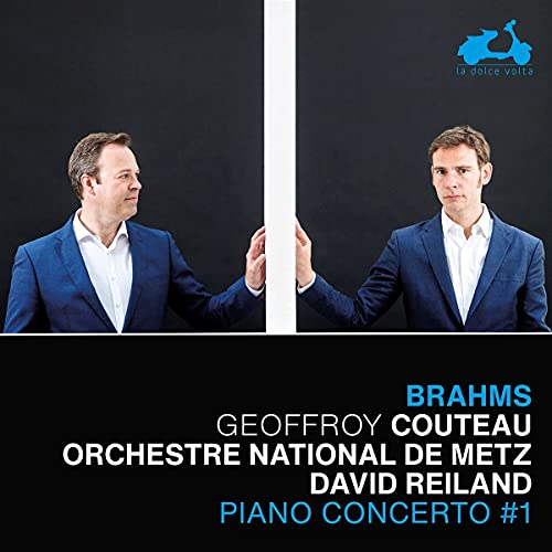 CD cover featuring pianist Geoffroy Couteau and text: Brahms Piano Concerto #1.