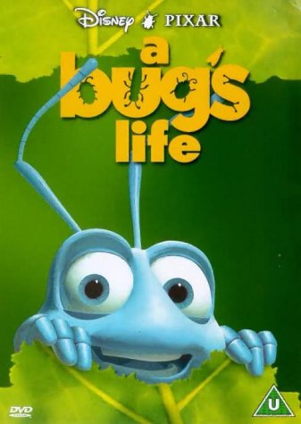 A Bug's Life" DVD cover featuring Flik, a blue ant, with green background.