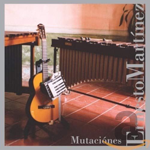 "CD cover featuring a guitar, xylophone, and music stand on a tiled floor."