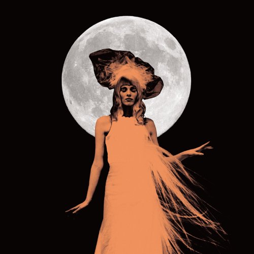 A woman in an orange dress and large hat stands before a full moon.