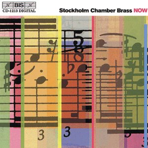 "CD cover with multicolored music sheet strips and 'Stockholm Chamber Brass' text."