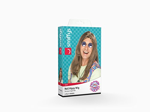 A man wearing a brown wig, sunglasses, and a psychedelic vest, smiling.