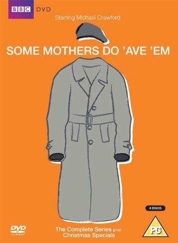 DVD cover with a grey trenchcoat on an orange background, titled "Some Mothers Do 'Ave 'Em".