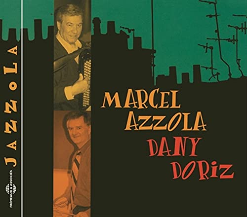 CD cover for "Jazzola" featuring Marcel Azzola with cityscape graphics.