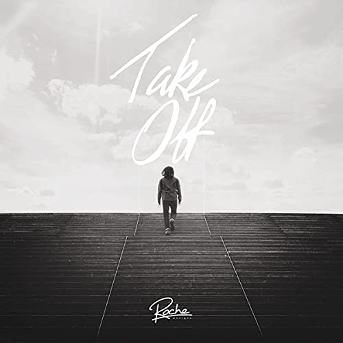 Black and white album cover with a person walking toward the sky.