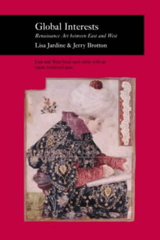 "Book cover with red background, black banner, and Renaissance-style painting of a person."