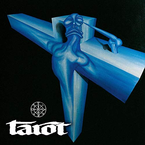 Blue abstract figure resembling a cross with "Tarot" text below.
