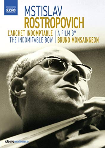 Portrait of cellist Mstislav Rostropovich with his instrument, DVD cover.