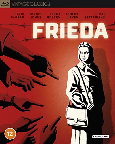 Frieda" Blu-ray cover: woman in coat, stylized hands, red background.
