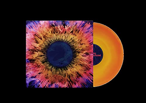 Vinyl record with colorful, abstract eye-shaped album art and yellow disc.