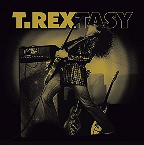 Marc Bolan playing electric guitar on stage with T.REXTASY text above in gold.