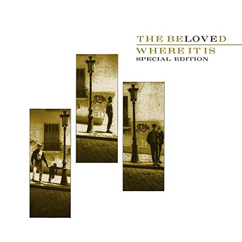 "Album cover with sepia-toned images of men by lamp posts, white background, 'The Beloved' text."