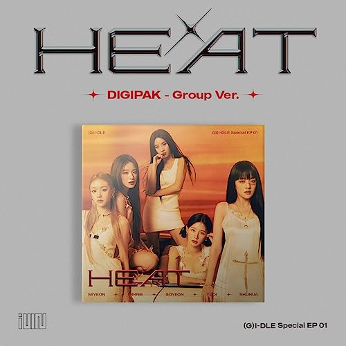 (G)I-DLE “Heat” album cover featuring five women in warm-toned lighting.