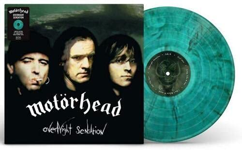 Motorhead "Overnight Sensation" vinyl record with green smoke effect.