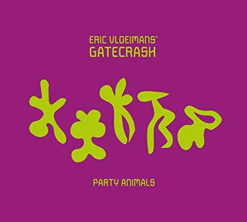 "Purple album cover with yellow text and abstract animal shapes, titled 'Party Animals' by Eric Vloeimans."