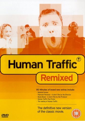 "Orange and yellow DVD cover with a shocked man and three other people."