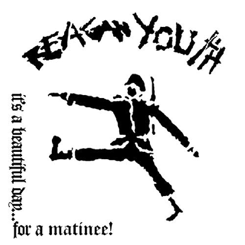 "Black and white vinyl record cover with silhouette of person jumping and 'Reagan Youth' text."