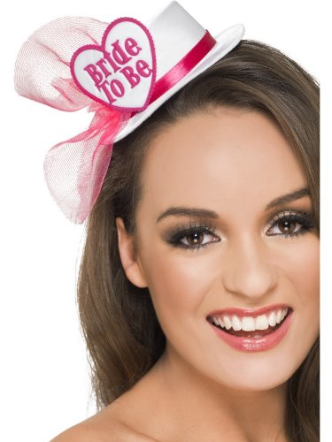 White hat with "Bride To Be" in a red heart, pink ribbon and veil.