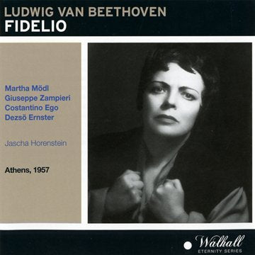 "CD cover for Beethoven's Fidelio, featuring a black and white portrait of a woman."