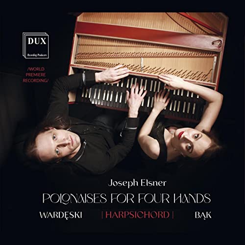 Two musicians playing a wooden harpsichord, dark background, CD cover.