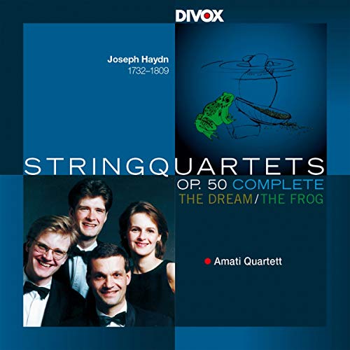 CD cover for Haydn’s String Quartets, Op. 50, featuring musicians and a frog.