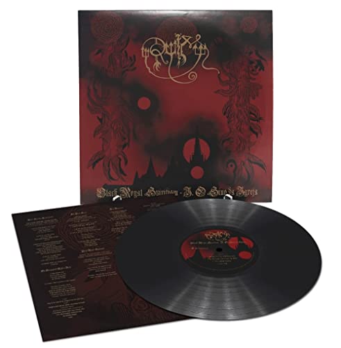 Black vinyl record with ornate red cover art featuring gothic imagery.