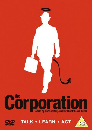 Red poster for "The Corporation" DVD, showing a suited figure with halo and tail.