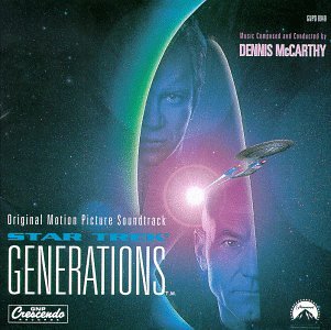 "Star Trek: Generations soundtrack CD cover featuring a spaceship and two men's faces."