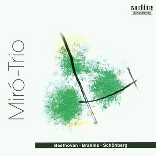 The image is a CD cover for the "Miro Trio" album. * The cover features a white background with a green and yellow abstract design in the center. * A black curved line and a black and yellow straight line intersect over the design. * The text "Miro-Trio" is written vertically on the left side. * A dark green banner at the bottom displays the names "Beethoven", "Brahms", and "Schönberg". * The top-right corner has