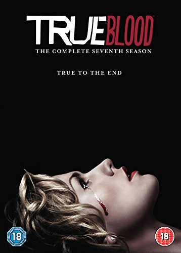 "True Blood Season 7 DVD cover featuring a blonde woman with blood on her lips."