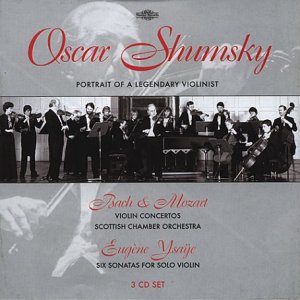 "Oscar Shumsky CD cover featuring a black and white photo of musicians performing."