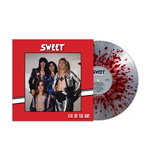 Sweet’s “Fox On The Run” vinyl record with band photo and red splatter effect.