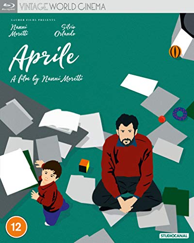 “Aprile” Blu-ray cover: illustrated man and child amidst scattered papers.