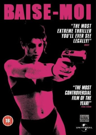 DVD cover for "Baise-moi" featuring a woman holding a gun, pink tones.