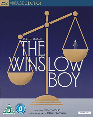 Blu-ray cover for "The Winslow Boy" featuring scales and a silhouetted figure.