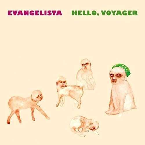 Album cover: "Hello, Voyager" by Evangelista, featuring illustrated primate figures.