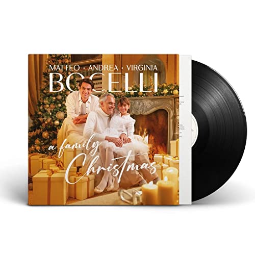 Vinyl record with family portrait in front of a decorated Christmas fireplace.