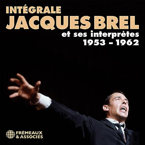 Jacques Brel album cover, black background, man with arms raised singing.