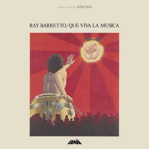 Album cover for Ray Barretto’s “Que Viva la Música” featuring a drummer.