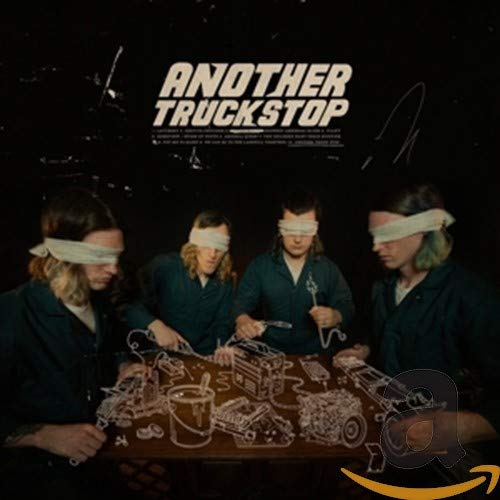 "Album cover with four men blindfolded working on a table with truck parts drawn."