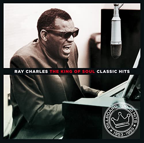 Ray Charles in sunglasses singing into a vintage microphone at a piano.