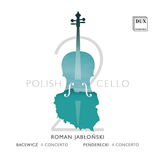The image is a CD cover featuring a teal silhouette of a cello and Poland.
