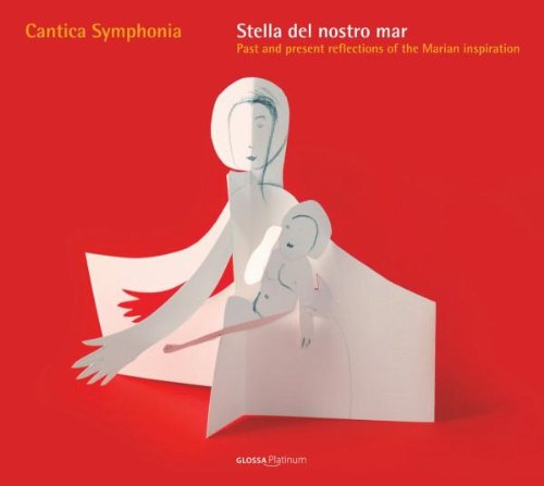 A red CD cover featuring a white paper cutout of Mary holding Jesus.