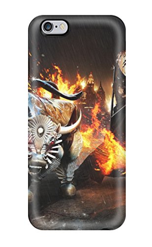 Phone case depicting a charging bull amidst flames and city buildings.
