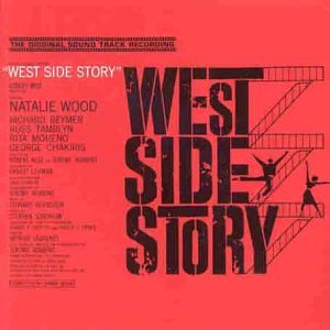"Red CD cover with 'West Side Story' title and silhouetted figures on fire escape."