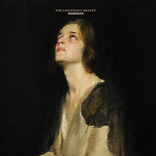 Painting of a woman looking upwards, dark background, album cover.